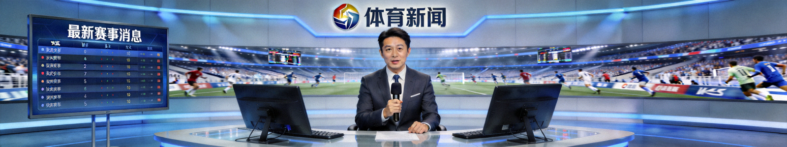 体育新闻演播室，主持人正在播报最新赛事消息